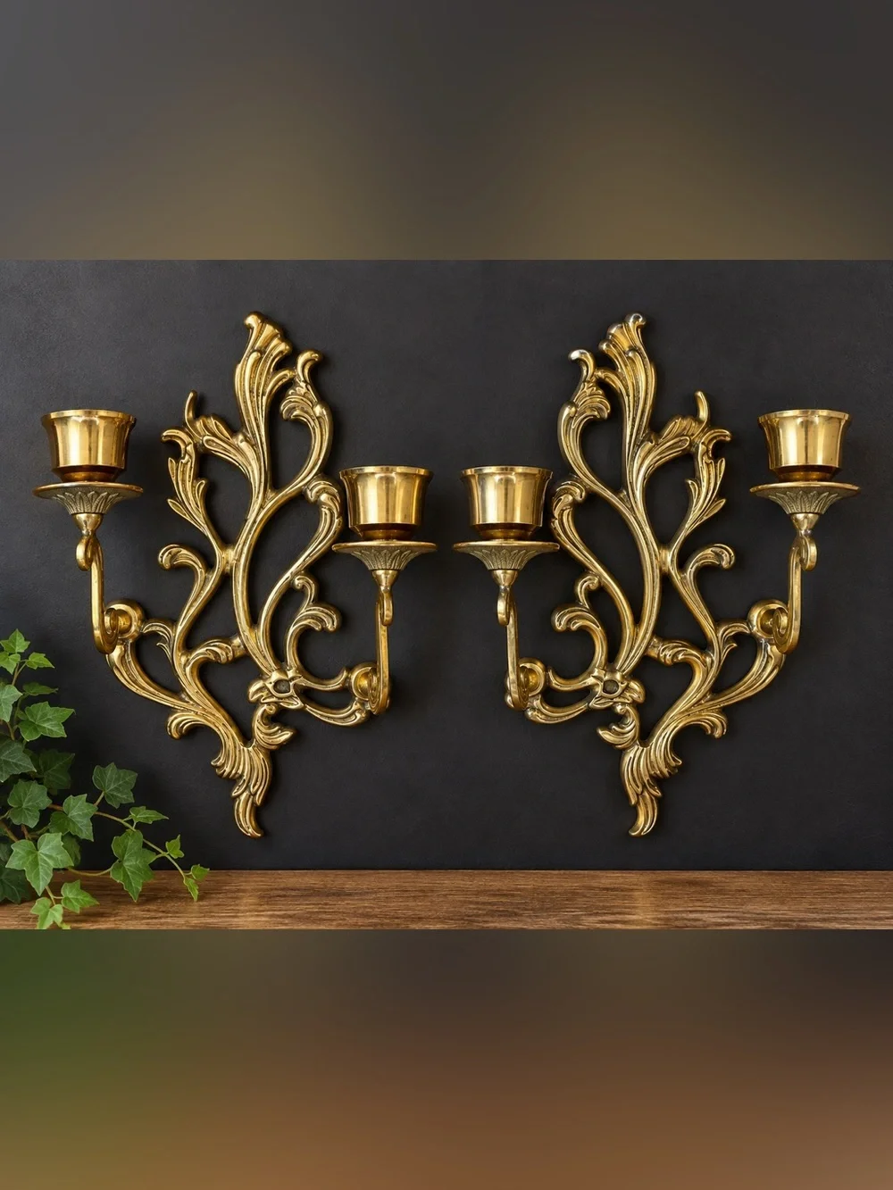 Ornate Brass Tone Double Arm Wall Candle Sconces Pair